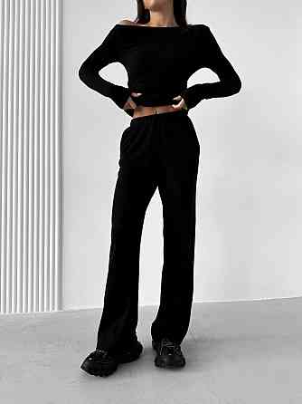 Женский базовый костюм двойка: лонгслив и брюки ангора рубчик Черный, 44/46 Одесса