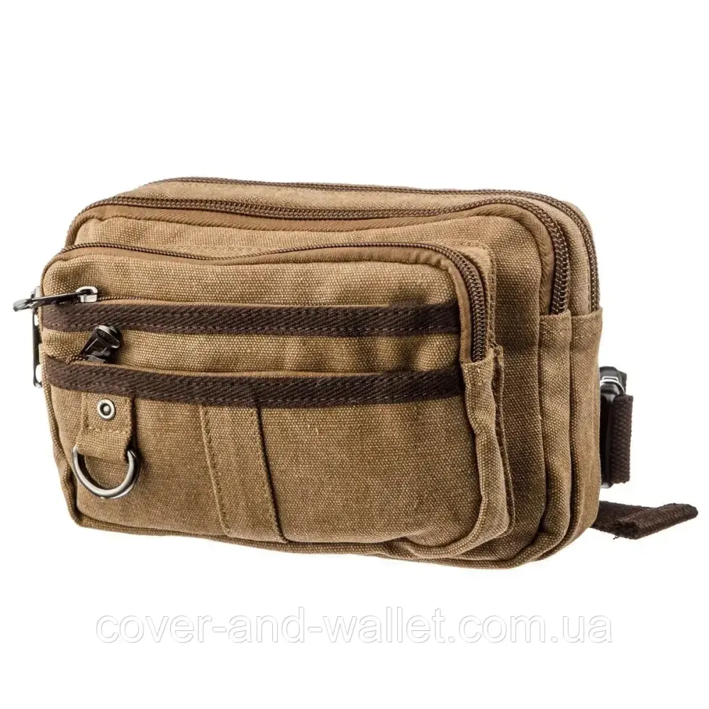 Мужская сумка-бананка на молнии из текстиля коричнего цвета Puos 20160 Киев - изображение 2