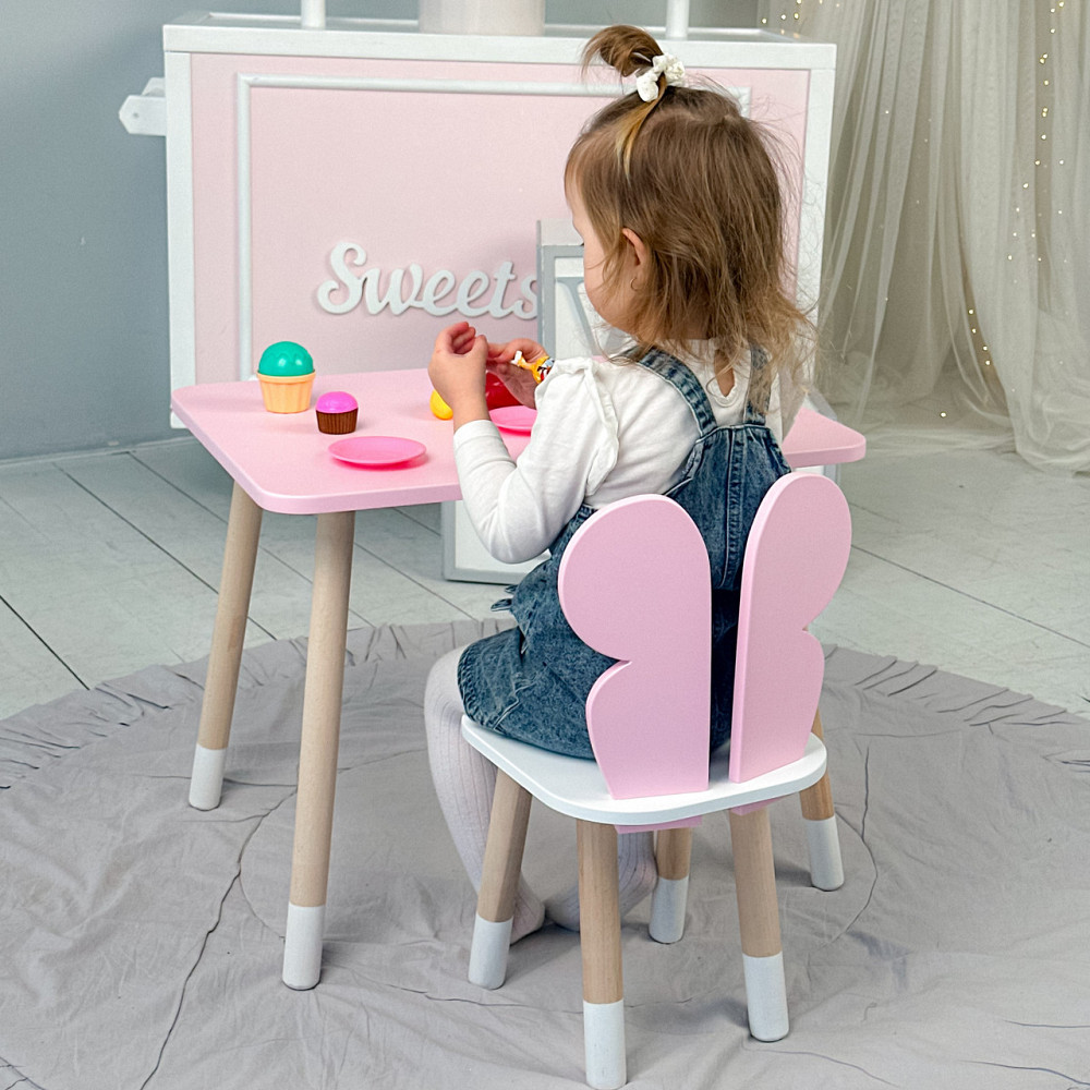 Стіл прямий 46х60х45 і стілець крильця метелик 26х26х24, столик та стільчик для дівчинки, рожевий з білим Київ - фото 9