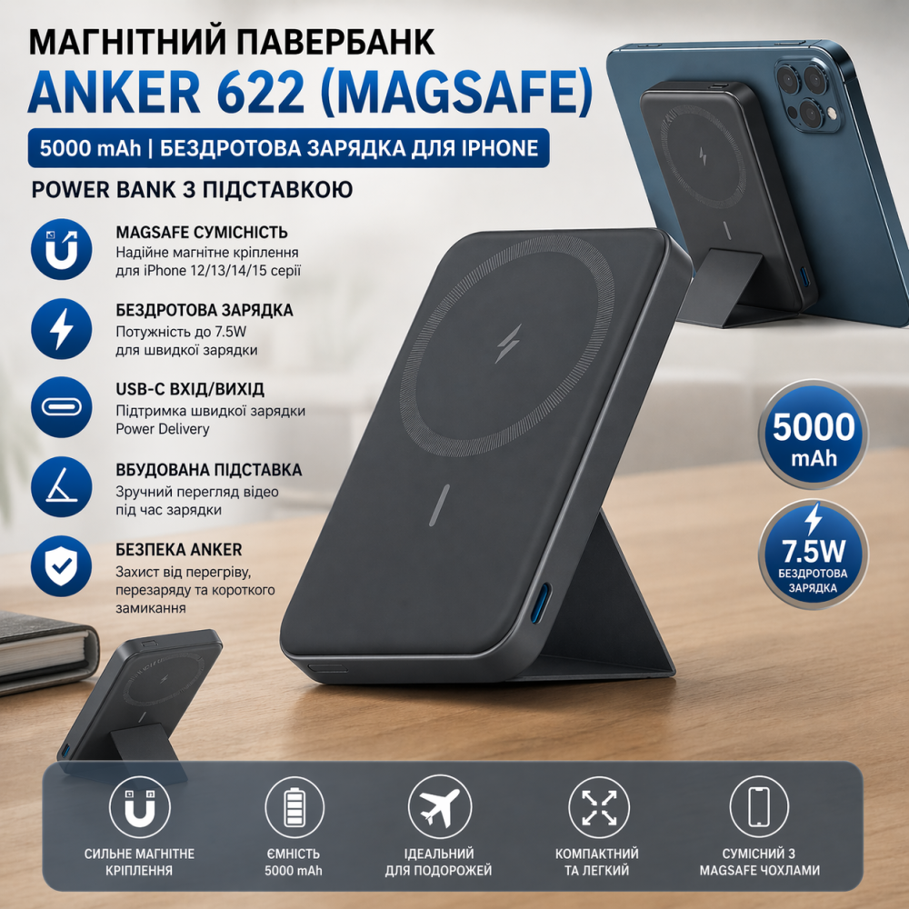 Магнітний павербанк Anker 622 (MagGo) 5000 mAh: бездротова зарядка MagSafe, складана підставка, USB-C, для iPhone 12-15 — Чорний Київ - фото 1
