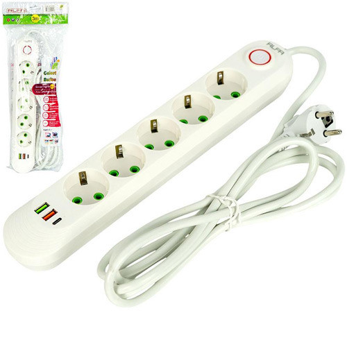 Сетевой фильтр удлинитель 3 м 5 розеток и 3 USB QC PD 10А 2.5кВт ALFA защита питания Киев - изображение 1