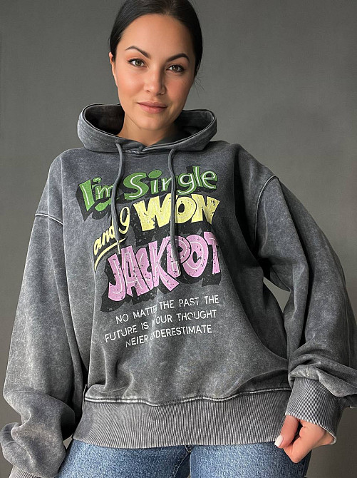 Худи женский A-N 25040 удлиненный оверсайз с капюшоном вареный дай цветная надпись впереди one size, графит, one size Киев - изображение 5