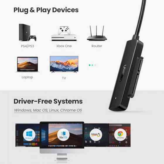Кабель-адаптер Ugreen SATA-USB 3.0 для 2,5-дюймового SSD і жорсткого диска 70609 (Чорний 0.5м) Николаев