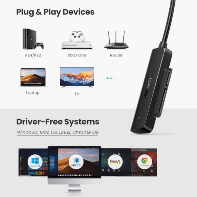 Кабель-адаптер Ugreen SATA-USB 3.0 для 2,5-дюймового SSD і жорсткого диска 70609 (Чорний 0.5м) Николаев - изображение 3