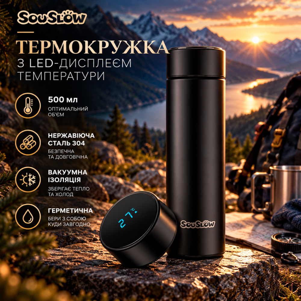 Термокружка SAUSLOW 500 мл з LED-дисплеєм температури, нержавіюча сталь 304, вакуумна, герметична, чорна Київ - фото 1