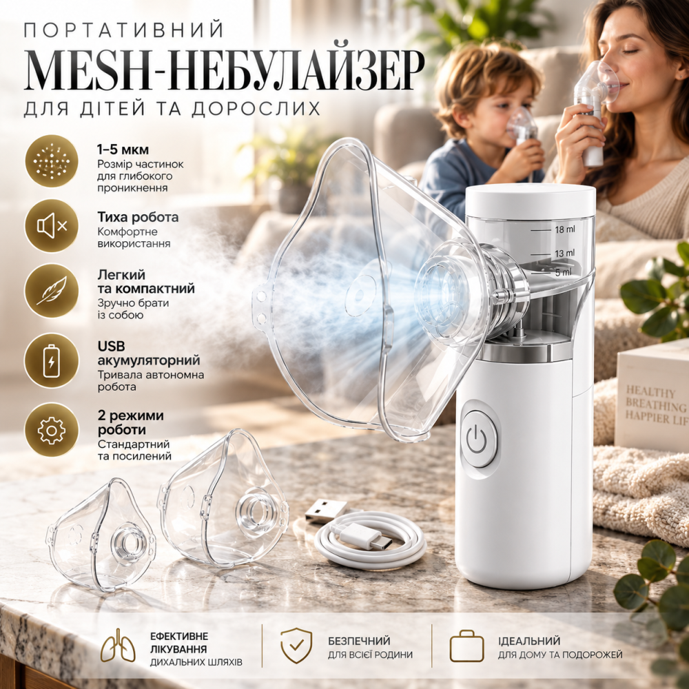 Портативный MESH-небулайзер для детей и взрослых, аккумуляторный ингалятор 1–5 мкм, 2 режима, USB Киев - изображение 1