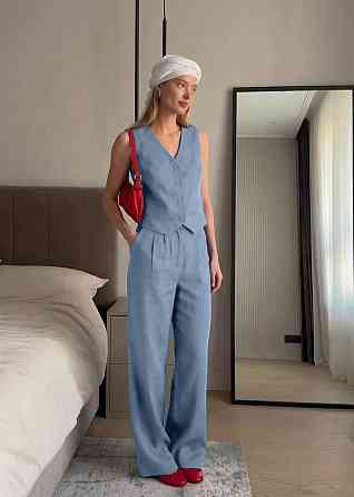 Жіночий стильний літній костюм-двійка льон Блакитний, 48/50 Одеса