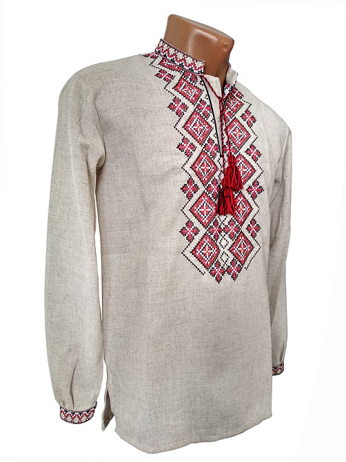 Льняная мужская вышиванка с орнаментом Праздничная красная 54 Киев - изображение 1