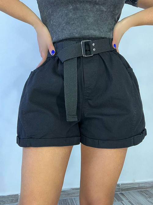 Шорты женские A-N 5701 мом на резинке с ремнем короткие черные, черный, L, L, 85 см, 112 см Киев - изображение 1