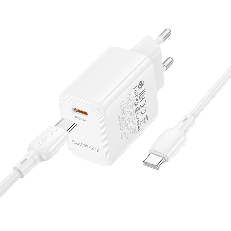Мережевий зарядний пристрій з кабелем BOROFONE BN28 Fuente single port PD30W charger set (C to C) (EU) White Одеса - фото 3