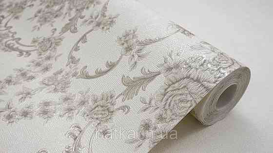 Шпалери метрові вінілові на флізеліні Sintra Classic класика квіти троянди завитки структурні бежеві срібло 445617 Київ