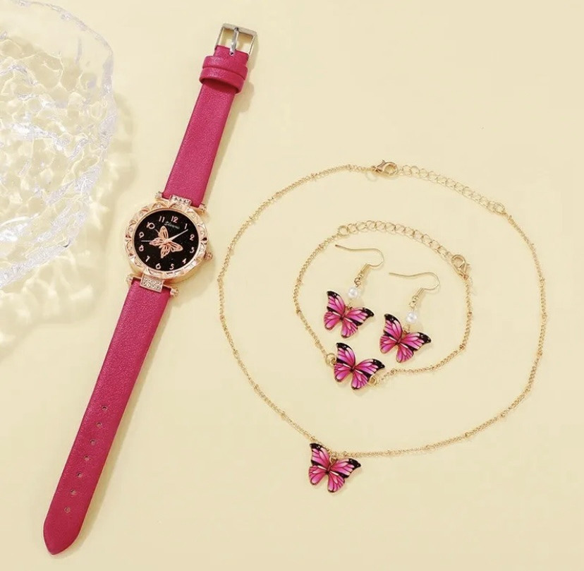 Подарочный набор для женщин Бабочка наручные часы браслет ожерелье и серьги- без подарочной коробки малиновый Киев - изображение 5