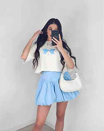 Женский летний романтичный костюм двойка: футболка и юбка турецкий кулир + коттон Голубой, 46/48 Одесса