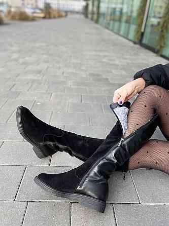 Чоботи жіночі зимові комбіновані натуральна шкіра + замша чорні на низькому ходу 5191 Коломыя