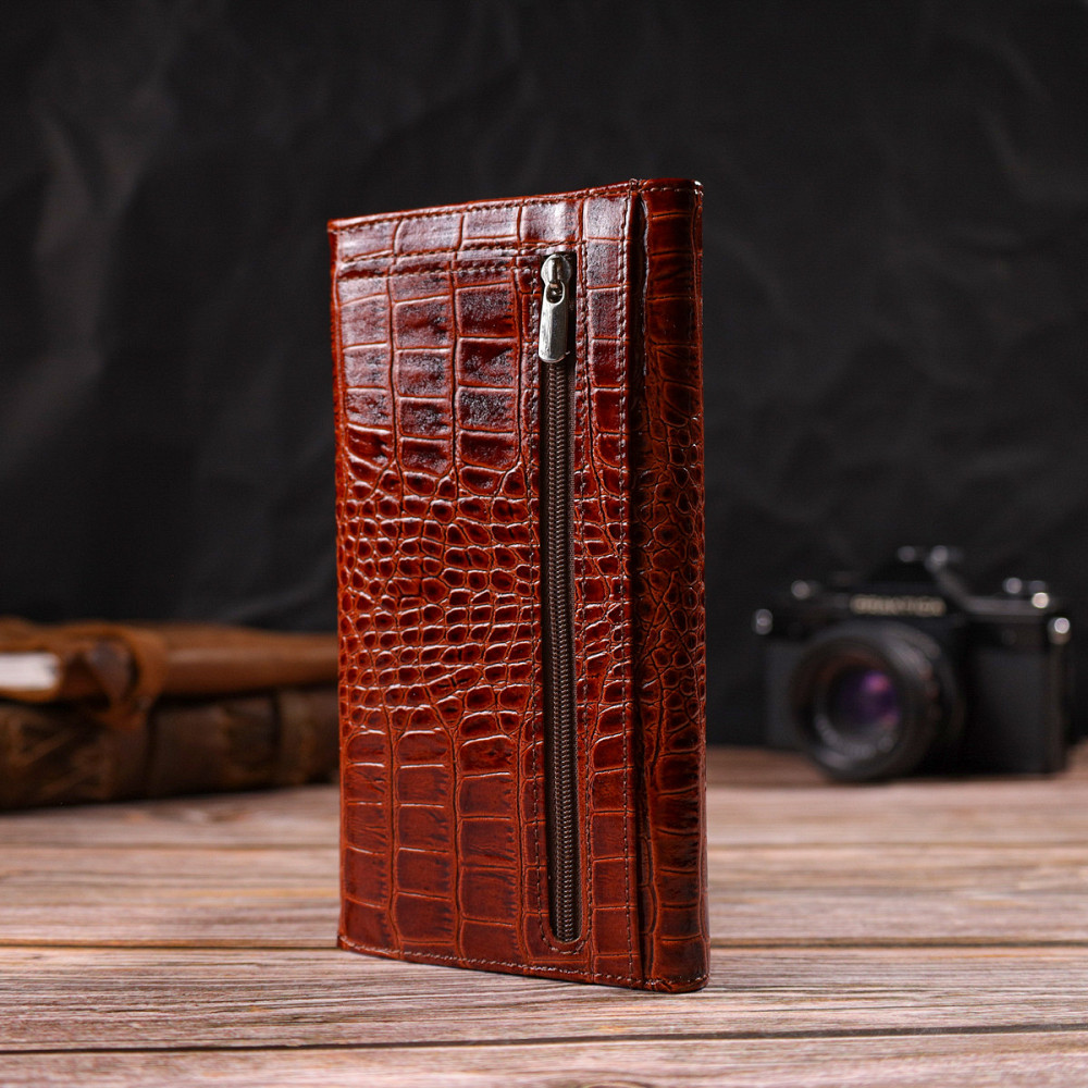 Женское портмоне из лакированной натуральной кожи с тиснением под крокодила CANPELLINI 21704 Коричневое Киев - изображение 9