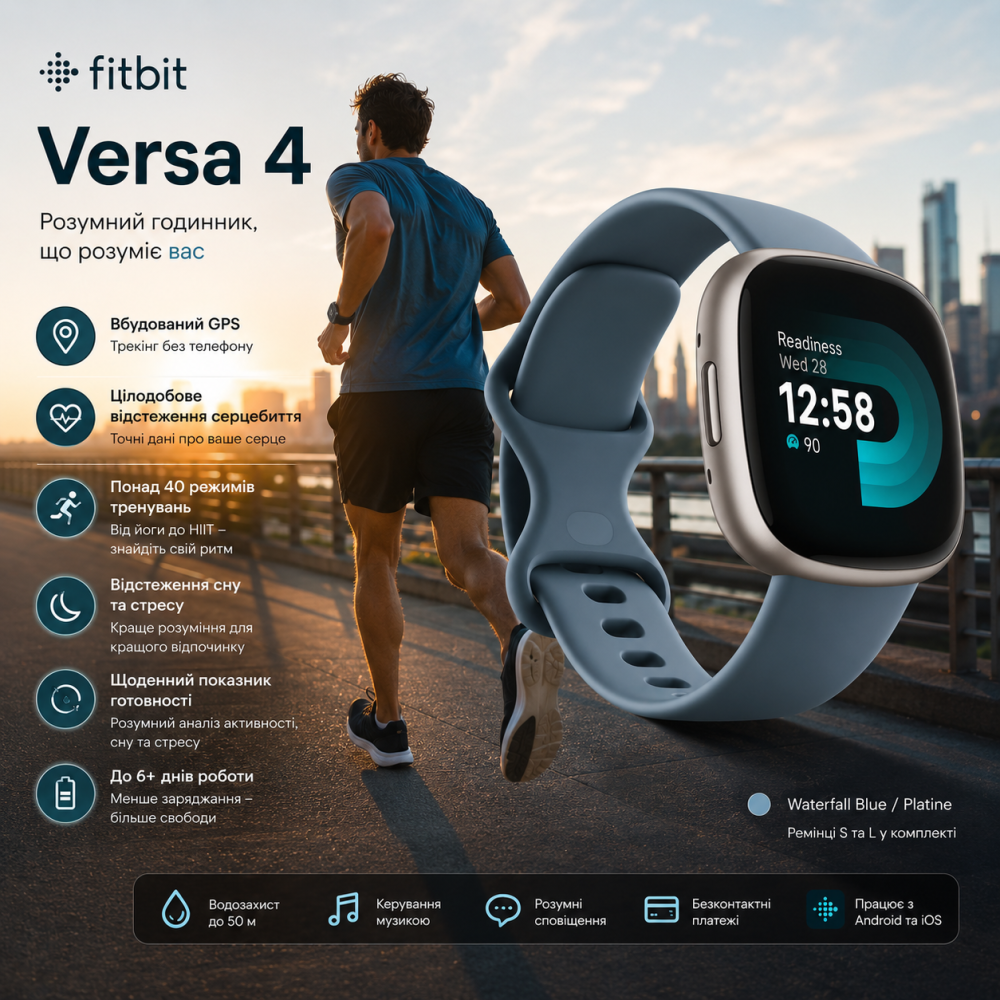 Смарт-часы Fitbit Versa 4 Waterfall Blue/Platinum: GPS, 40+ режимов тренировок, мониторинг стресса и сна, NFC Киев - изображение 1