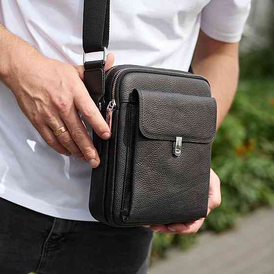 Сумка-барсетка мужская кожаная 24х20х8, компактный мессенджер для ежедневного использования, черная Киев
