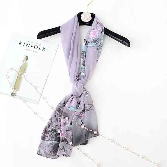 Шарф из шифона с птичками женский 145 на 48 см серый Киев