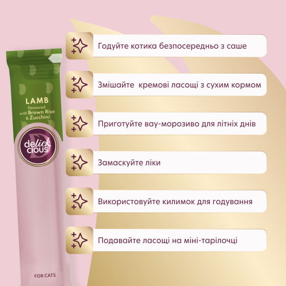 Крем-снеки для котів Делікшес Delickcious з ягням з додаванням коричневого рису та цукіні ласощі для котів (4 шт х 15 г) Вінниця