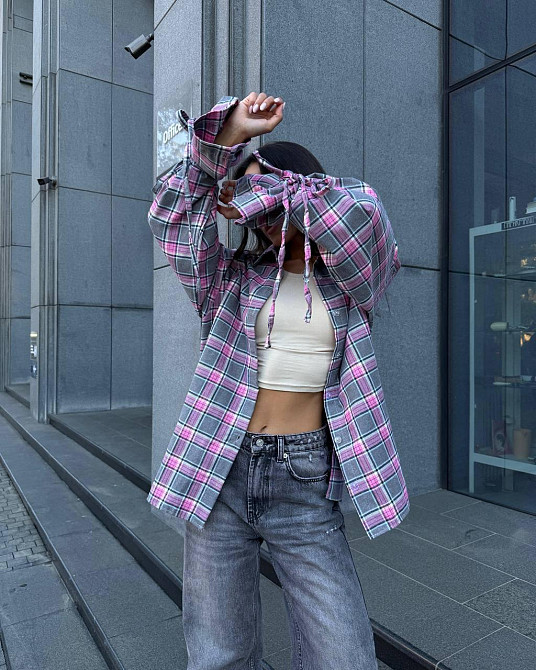 Жіноча базова сорочка кімоно оверсайз у клітинку турецька фланель Сірий Одеса - фото 5