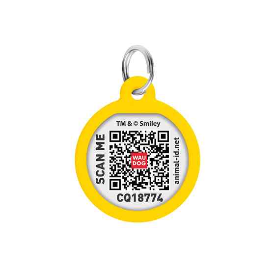 Адресник для собак і котів металевий WAUDOG Smart ID з QR паспортом, малюнок "Смайли на блакитному", коло, Д 25 мм Київ