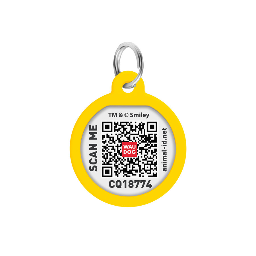 Адресник для собак і котів металевий WAUDOG Smart ID з QR паспортом, малюнок "Смайли на блакитному", коло, Д 25 мм Київ - фото 3