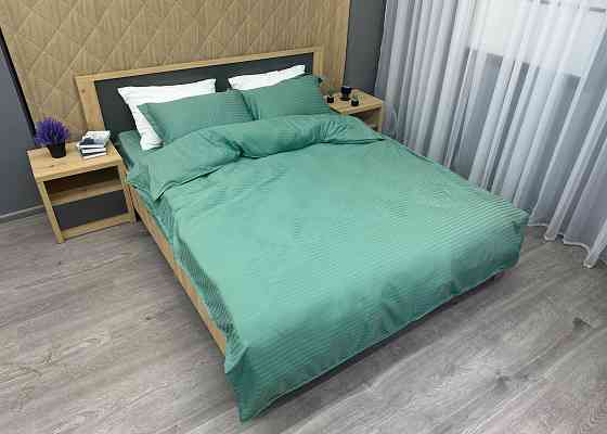 Комплект постельного белья Страйп-сатин Двуспальный 180х220 с простыней на резинке Бирюзовый (88-098) Киев