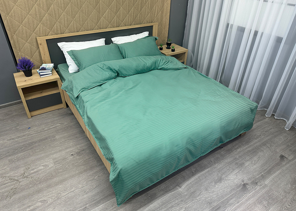 Комплект постельного белья Страйп-сатин Двуспальный 180х220 с простыней на резинке Бирюзовый (88-098) Киев - изображение 3