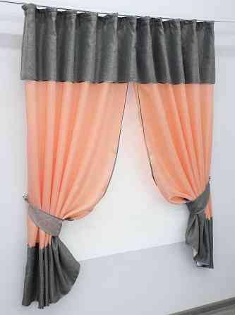 Кухонные шторы VR-Textil № 073к с ламбрекеном и подхватами персиковый с серым 270х170 см (52-0219) Киев
