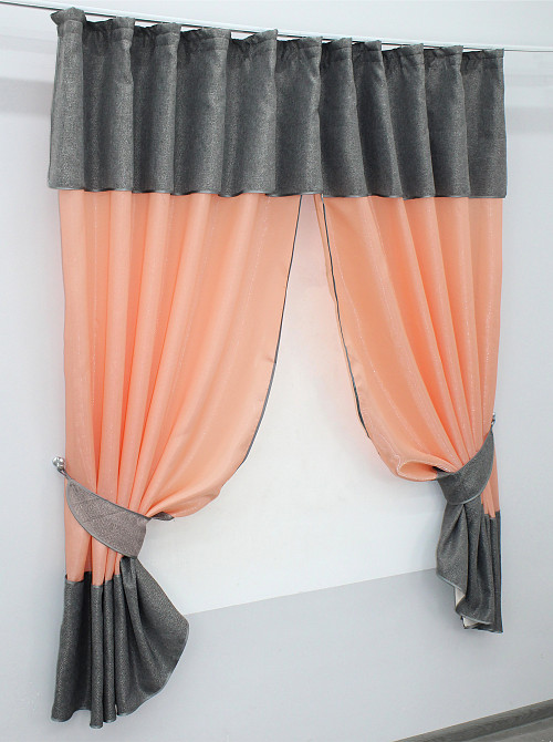 Кухонные шторы VR-Textil № 073к с ламбрекеном и подхватами персиковый с серым 270х170 см (52-0219) Киев - изображение 2