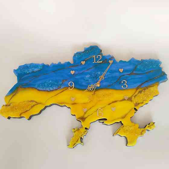 Настінний годинник з епоксидної смоли ручної роботи "Карта України" 30х19 см Дніпро