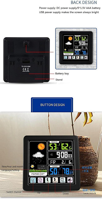 Бездротова метеостанція з кольоровим екраном TS-3310-BK, внутрішня та зовнішня температура, вологість, годинник Київ - фото 9