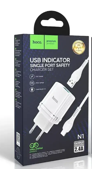 Мережевий зарядний пристрій Hoco N1 Ardent 220V (12W, 5V/2.4A) з підсвічуванням USB та кабелем micro-USB 1м Одеса - фото 10