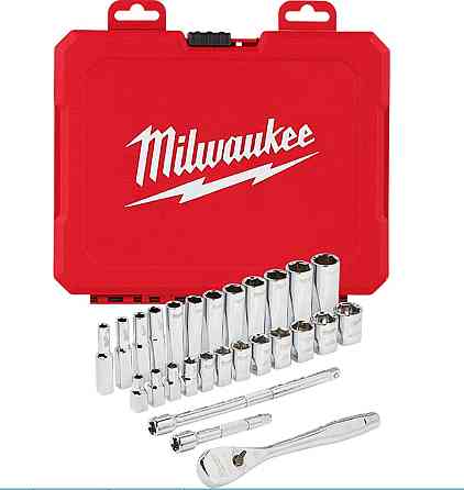 Набір головок торцевих хромованих 1/4'' MILWAUKEE, з тріскачкою та 2 подовжувачами, (28шт), пластиковий органайзер Одеса
