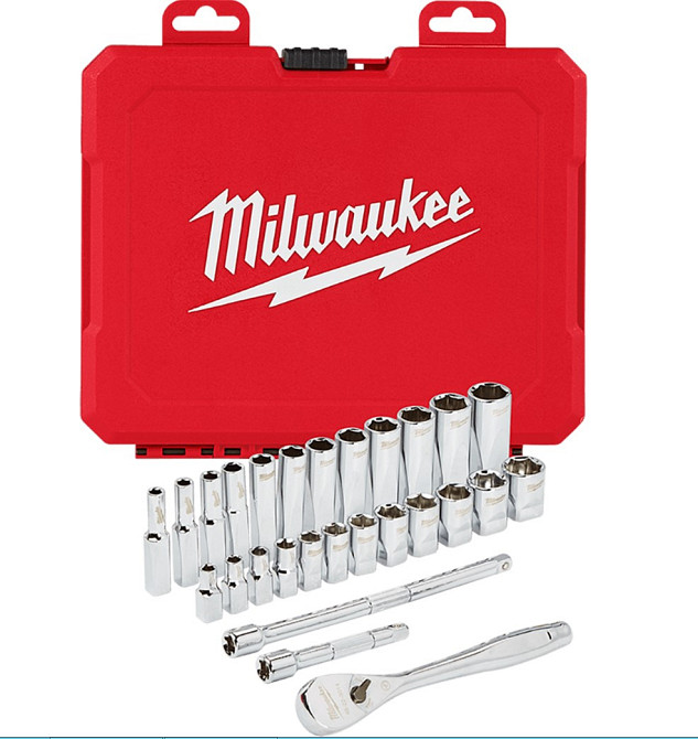 Набор головок торцевых хромированных 1/4'' MILWAUKEE, с трещоткой и 2 удлинителями, (28шт), пластиковый органайзер Одесса - изображение 1