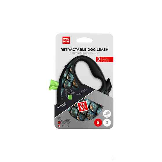 Повідець-рулетка для собак WAUDOG R-leash з контейнером для пакетів, малюнок "Луска", світловідбивна стрічка, S, до 12 кг, 3 м Київ