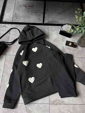 Жіночий теплий прогулянковий костюм-двійка з сердечками тринитка на флісі + ангора рубчик Графіт, 42/44 Одеса