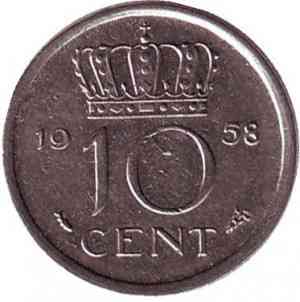 Монета 10 центов. 1958 год, Нидерланды. Полтава