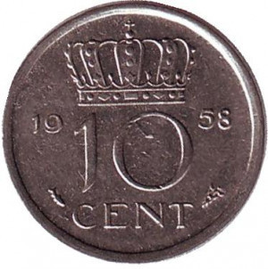 Монета 10 центів. 1958 рік, Нідерланди. Полтава - фото 1