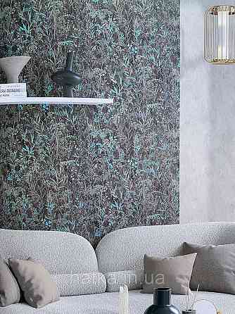 Обои виниловые на флизелине Sintra Silvia метровые полевые цветы листья прованс бирюзовые зеленые на коричневом Киев
