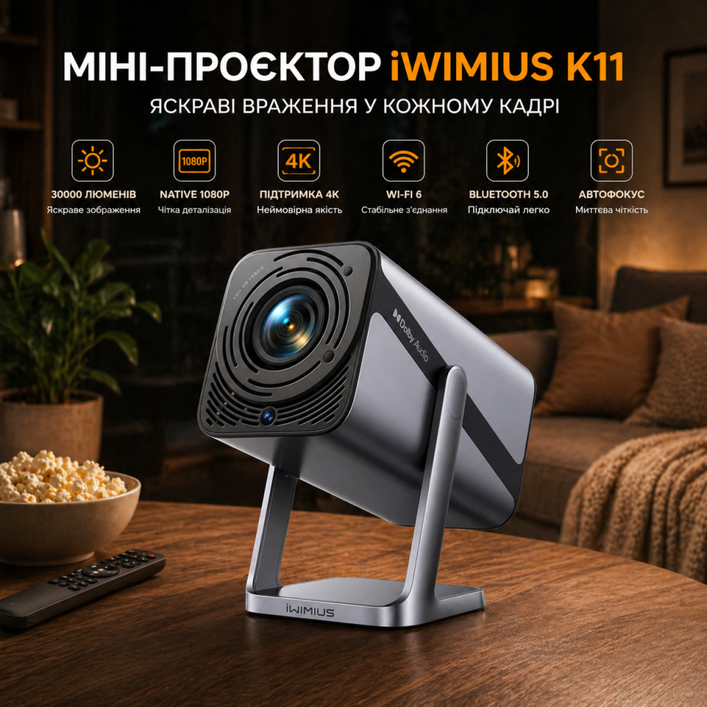 Мини-проектор iWIMIUS S299000 люмен Smart FHD 1080P портативный проектор с поддержкой 4K, Wi-Fi6 Bluetooth 50% зум 360° Киев - изображение 1