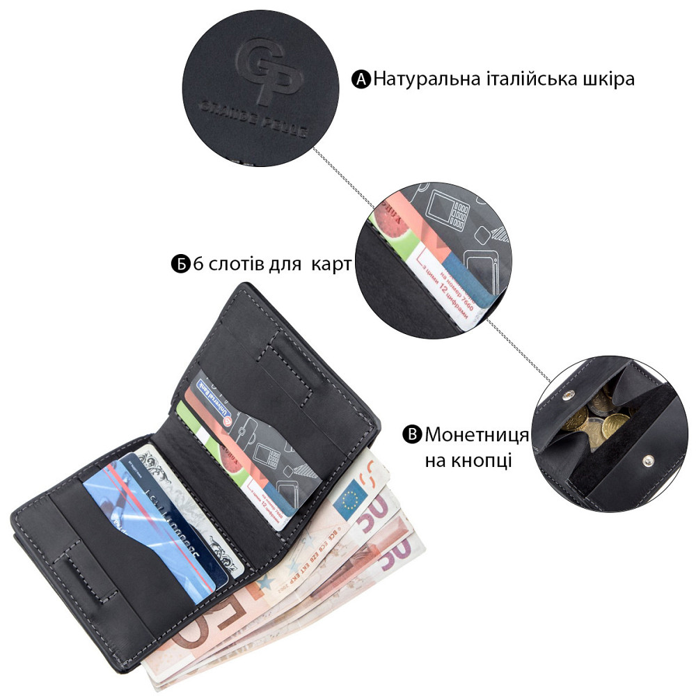 Оригінальна портмоне унісекс з накладної монетницьою GRANDE PELLE 11222 Чорне Київ - фото 4