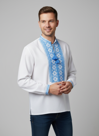 Чоловіча вишита сорочка в етнічному стилі синій орнамент. Київ