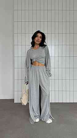 Женский прогулочный оверсайз костюм тройка: кардиган, топ и штаны вискоза 46/50, Меланж Одесса
