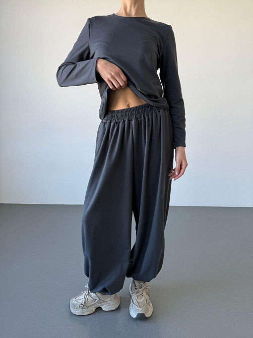 Жіночий повсякденний прогулянковий костюм-двійка: кофта та штани турецька двонитка Графіт, 46/48 Одеса - фото 2