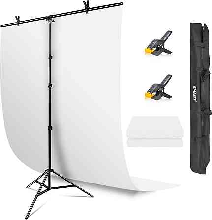 Фон для фотозйомки EMART White Background with Stand 1.5×2.6 м білий T-підстава регульована 94–260 см комплект з кліпсами і сумкою Київ