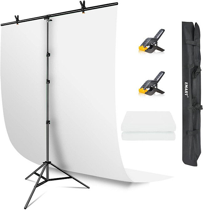 Фон для фотозйомки EMART White Background with Stand 1.5×2.6 м білий T-підстава регульована 94–260 см комплект з кліпсами і сумкою Київ - фото 1