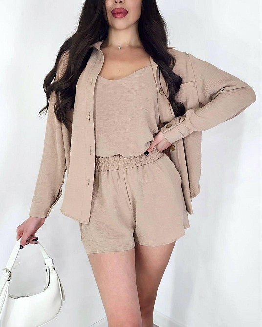 Жіночий легкий костюм-трійка: сорочка, майка та шорти креп жатка Беж, 42/44 Одеса - фото 4