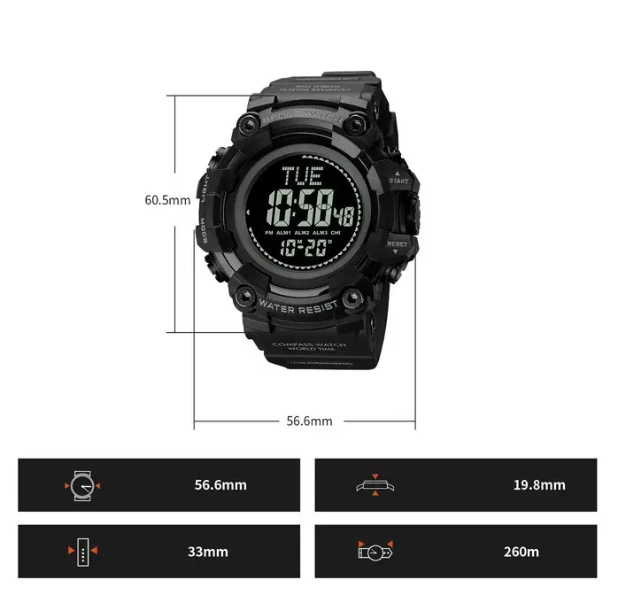 Чоловічий спортивний годинник Skmei 2037 з компасом (Чорний) Вінниця - фото 11