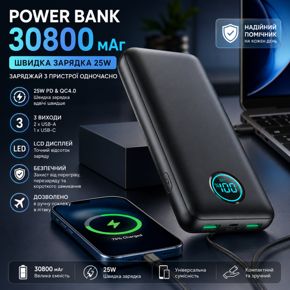 Уцінка Павербанк Power Bank 30800 мАг, 25 Вт, PD QC4.0 — Швидка зарядка, 3 виходи, РК-дисплей Київ - фото 1